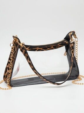 Clear Leopard-Trim Shoulder Bag with Gold Chain